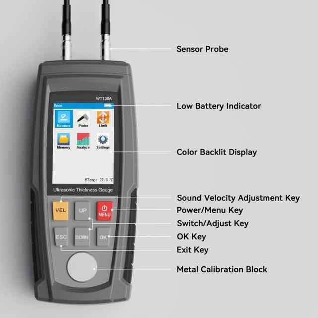 Digital ultrasonic thickness gauge with a color backlit display and sensor probes, showcasing measurement features and controls.